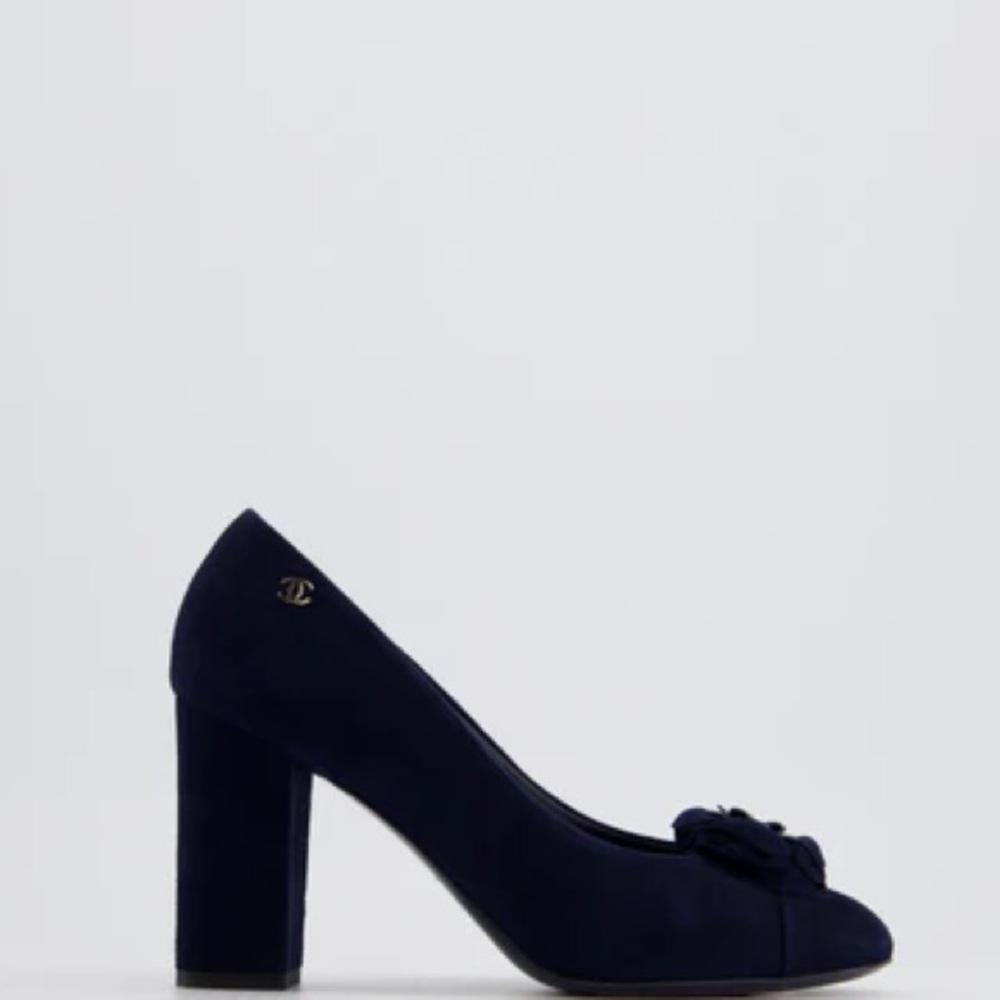 Authentic Chanel Navy Suede CC Heels with Camellia Pearl Detail